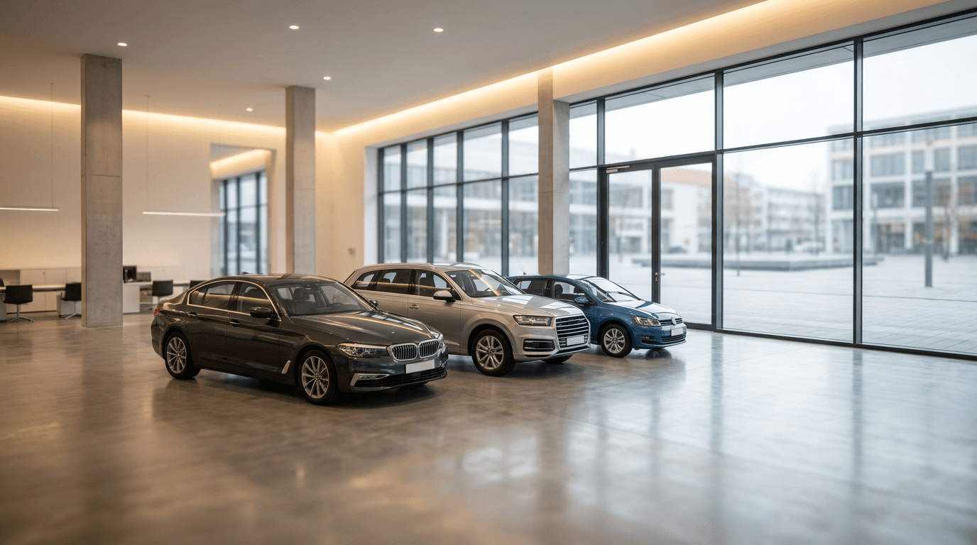 Modernes Autohaus-Showroom mit drei Fahrzeugen